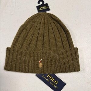 Polo Ralph Lauren Hat Beanie Mens One Size Green Wool Nylon Knit Pony Logo